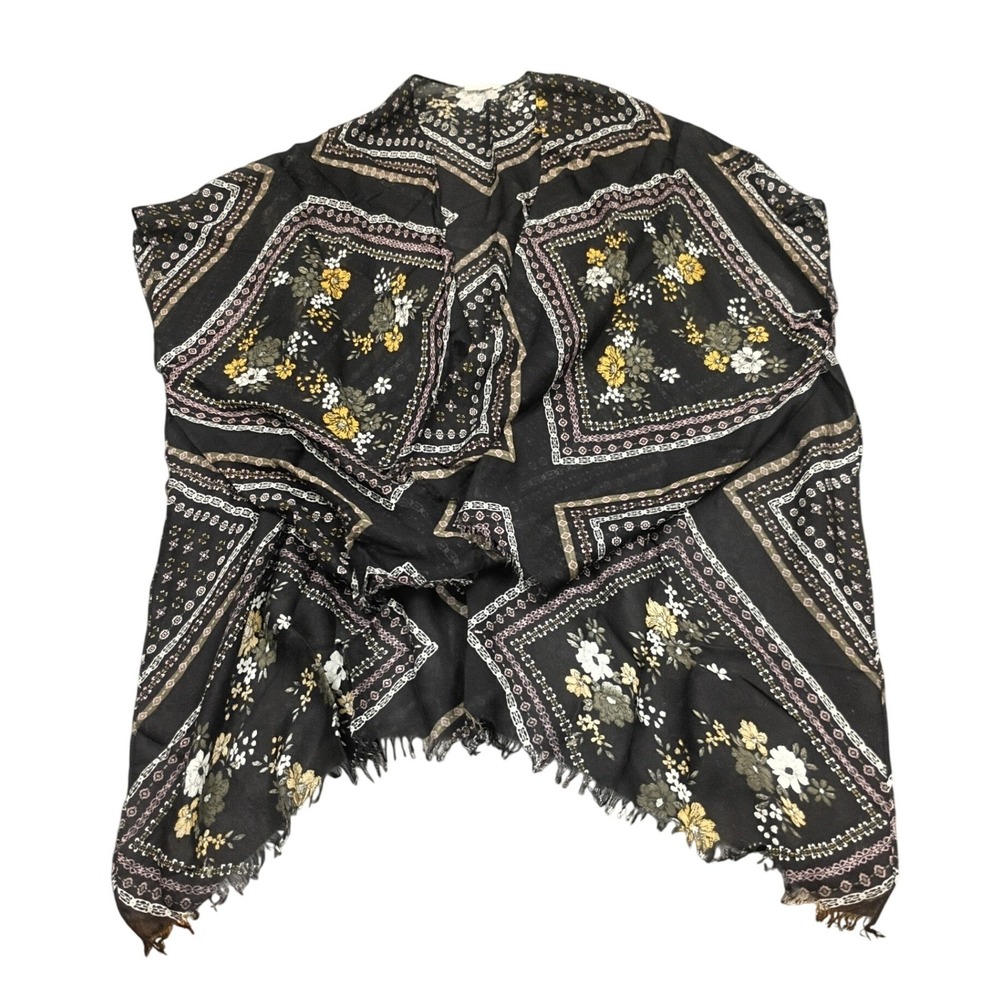 Maurices Scarf‎ Wrap Womens OS Black Floral Geometric Border Print Boho Fringe